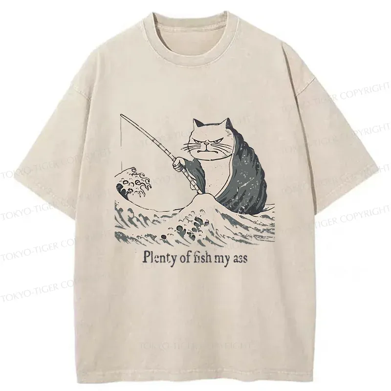 Tokyo-Tiger Kitten Fishing Funny Washed T-Shirt