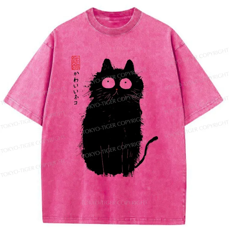 Tokyo-Tiger Black Cat With Puffed-up Fur Washed T-Shirt