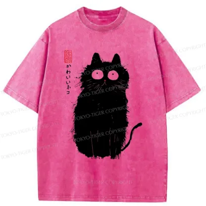 Tokyo-Tiger Black Cat With Puffed-up Fur Washed T-Shirt