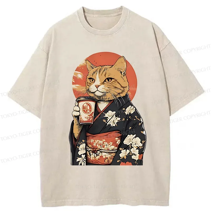 Tokyo-Tiger Cat Drinking Coffee Washed T-Shirt