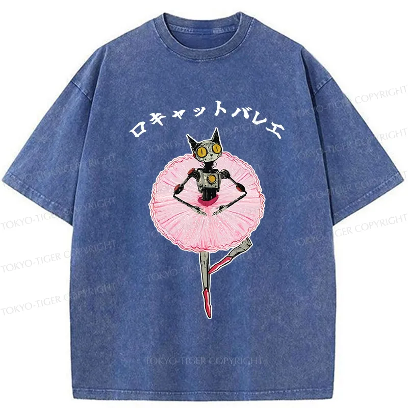 Tokyo-Tiger Ballet Dancing Robot Cat Washed T-Shirt