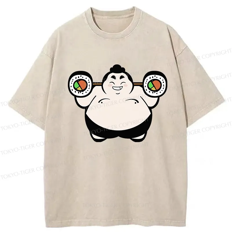 Tokyo-Tiger Funny Sumo Wrestler Lifting Sushi Barbell Washed T-Shirt