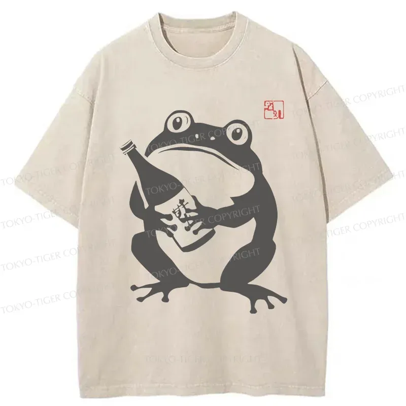 Tokyo-Tiger Retro Frog Holding Wine Washed T-Shirt