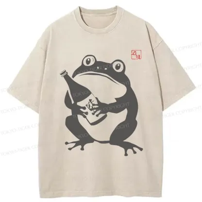 Tokyo-Tiger Retro Frog Holding Wine Washed T-Shirt