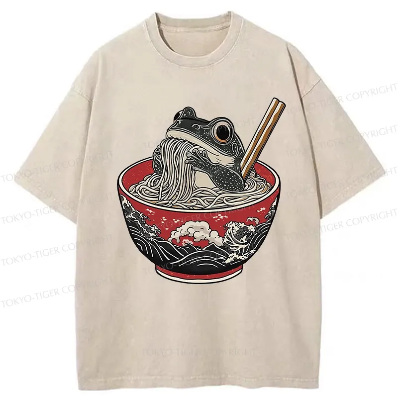 Tokyo-Tiger Funny Frog Eating Ramen In A Bowl Washed T-Shirt