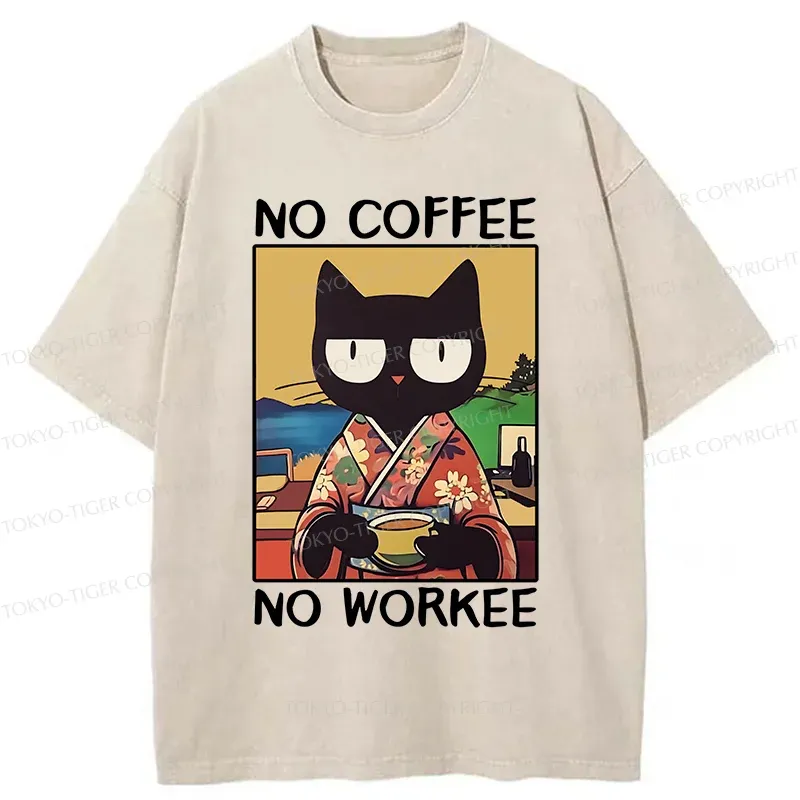 Tokyo-Tiger Cat Drinking Coffee Washed T-Shirt