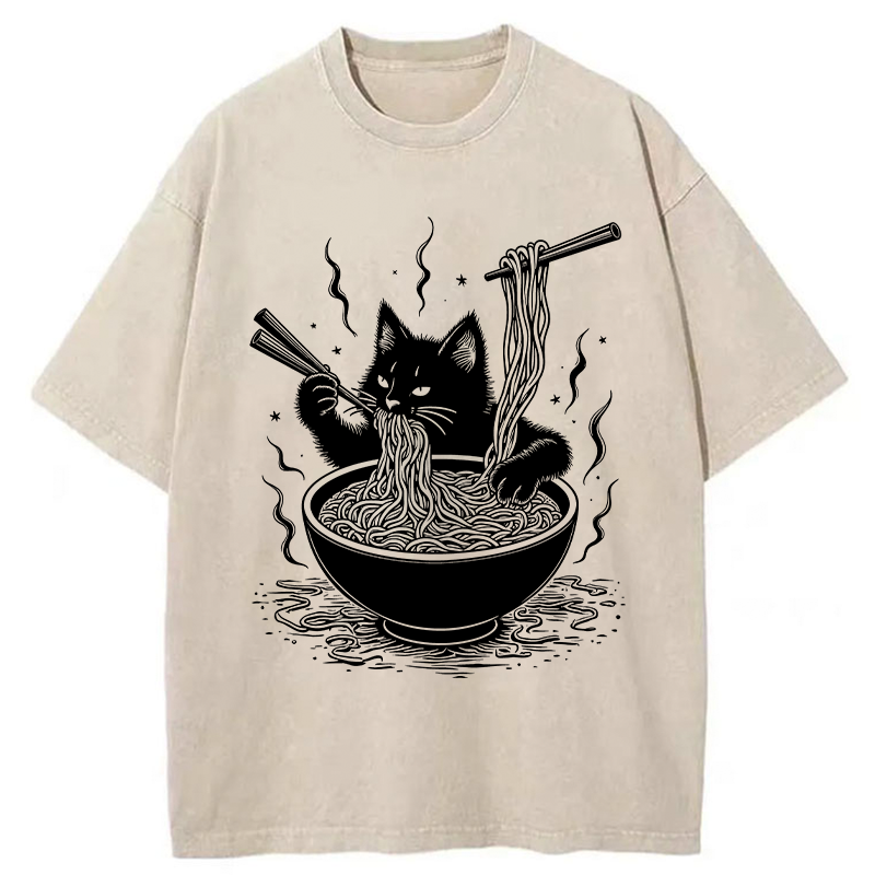 Tokyo-Tiger Ramen Lover Cat Washed T-Shirt