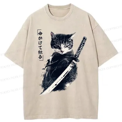 Tokyo-Tiger Retro Samurai Cat Japanese Washed T-Shirt