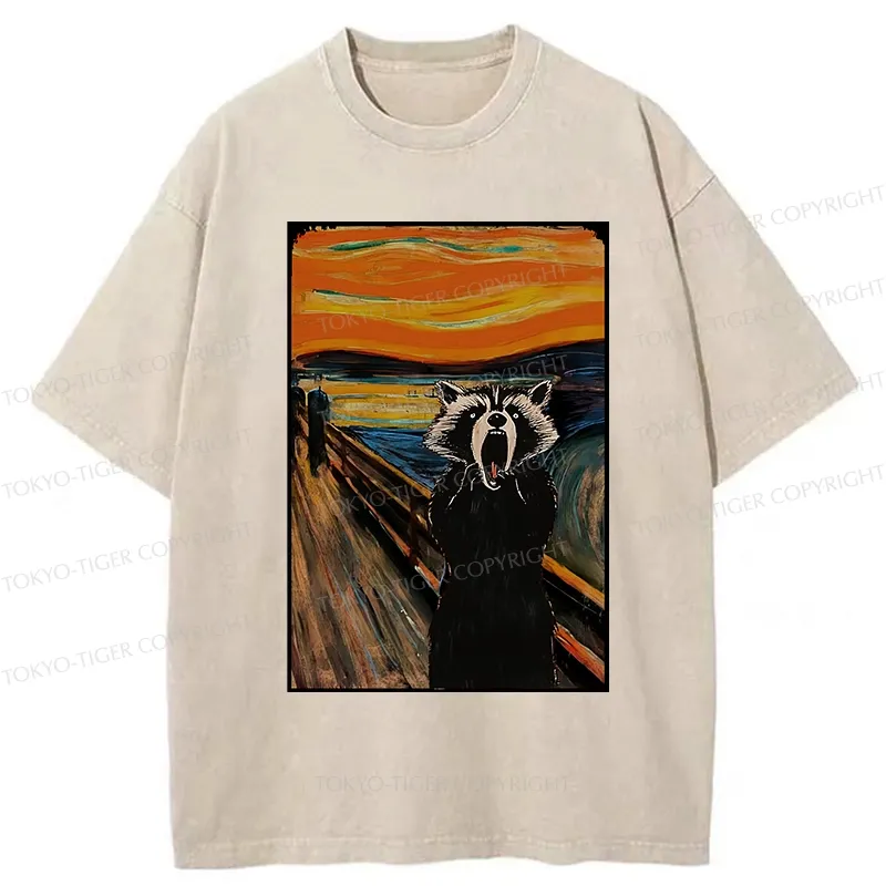 Tokyo-Tiger Funny Screaming Raccoon Washed T-Shirt
