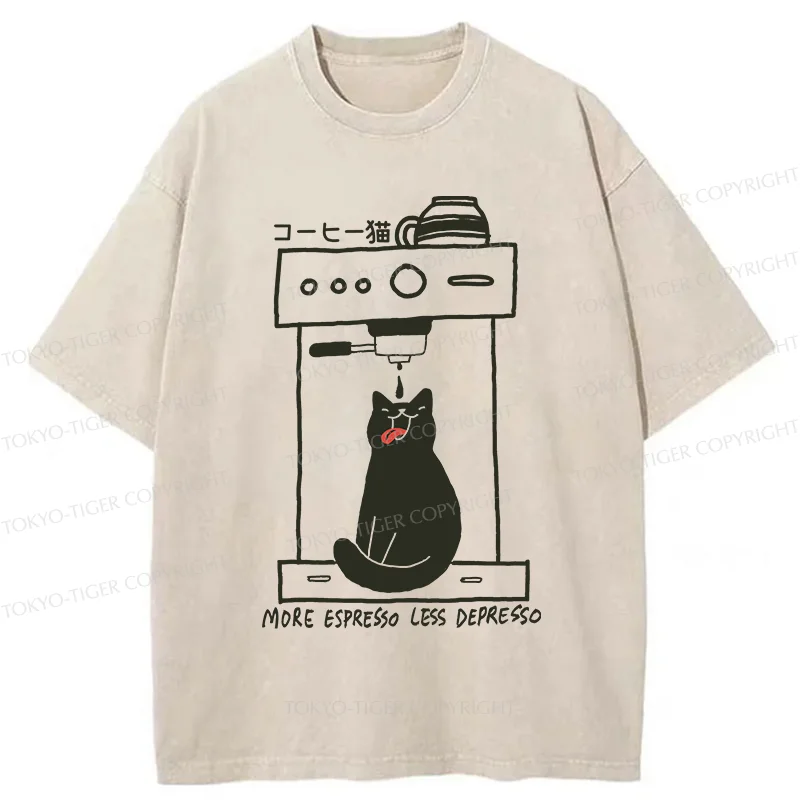 Tokyo-Tiger Cat Drinking Coffee Washed T-Shirt