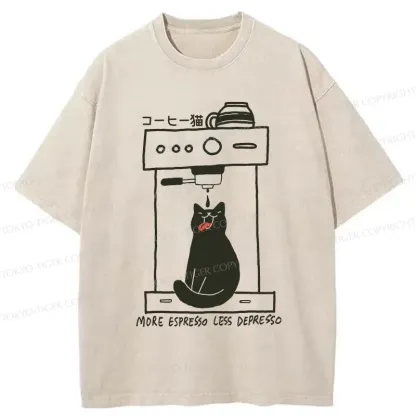 Tokyo-Tiger Cat Drinking Coffee Washed T-Shirt