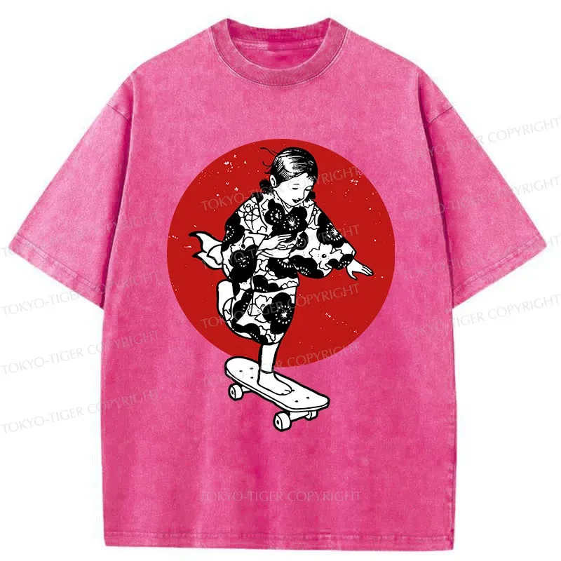 Tokyo-Tiger Kid On Skateboard Washed T-Shirt