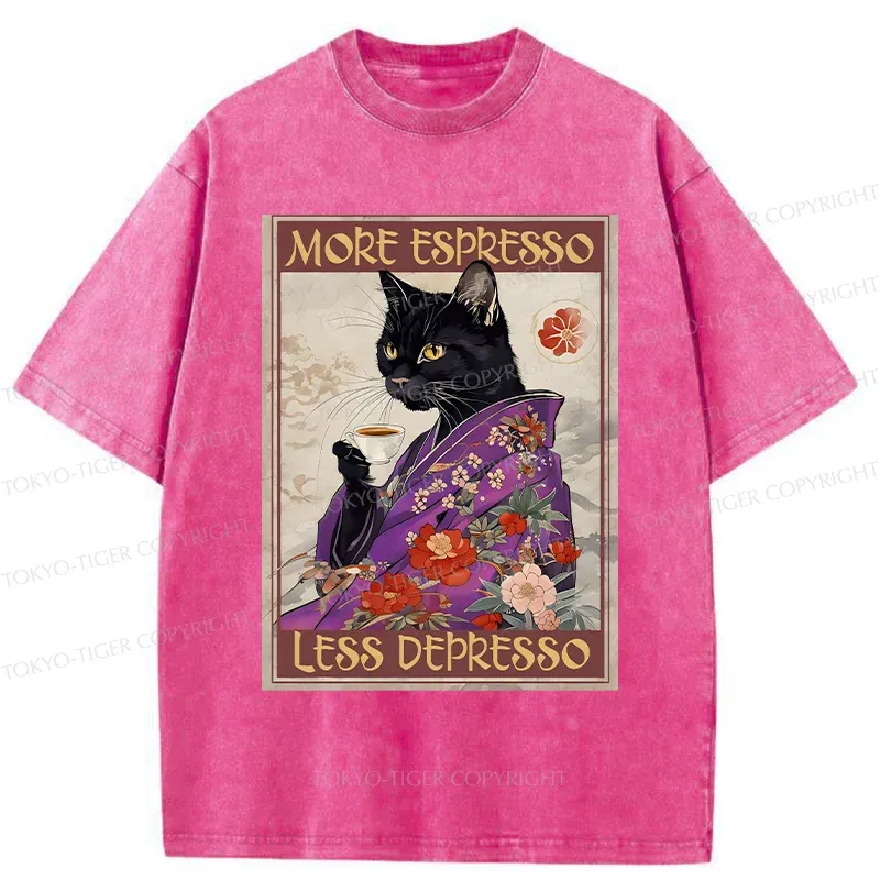Tokyo-Tiger Japanese Cat Drinking Coffee Washed T-Shirt
