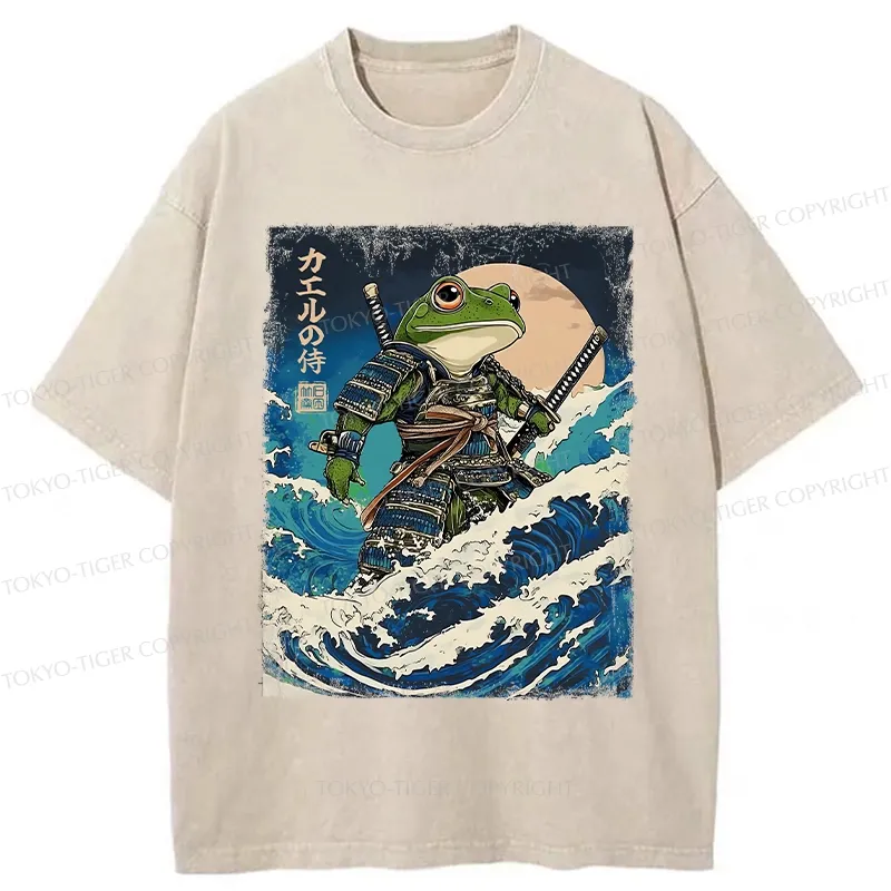 Tokyo-Tiger Frog Samurai In The Great Wave Washed T-Shirt