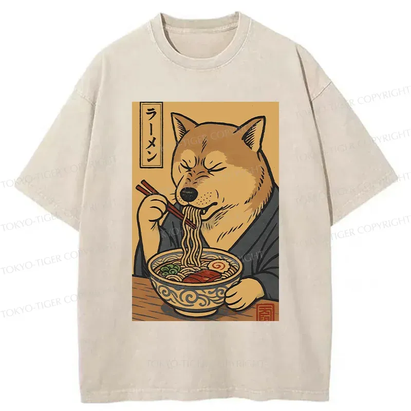 Tokyo-Tiger Puppy Eating Ramen Washed T-Shirt