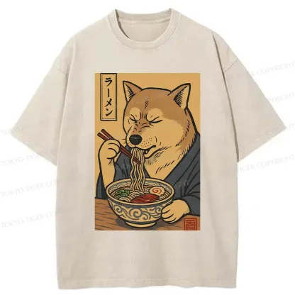 Tokyo-Tiger Puppy Eating Ramen Washed T-Shirt