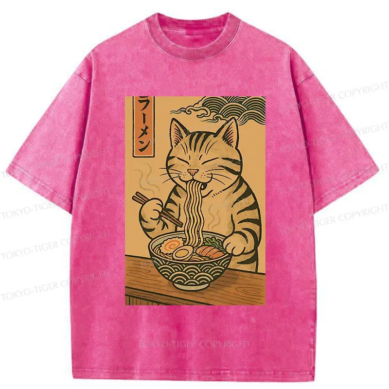 Tokyo-Tiger Retro Cat Eating Ramen Poster Washed T-Shirt