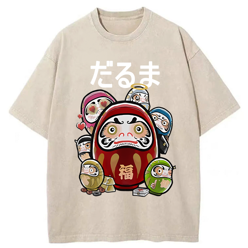 Tokyo-Tiger Colorful Daruma Dolls Washed T-Shirt