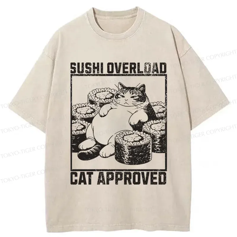 Tokyo-Tiger Fat Cat And Sushi Washed T-Shirt