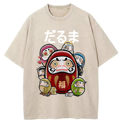 Tokyo-Tiger Colorful Daruma Dolls Washed T-Shirt