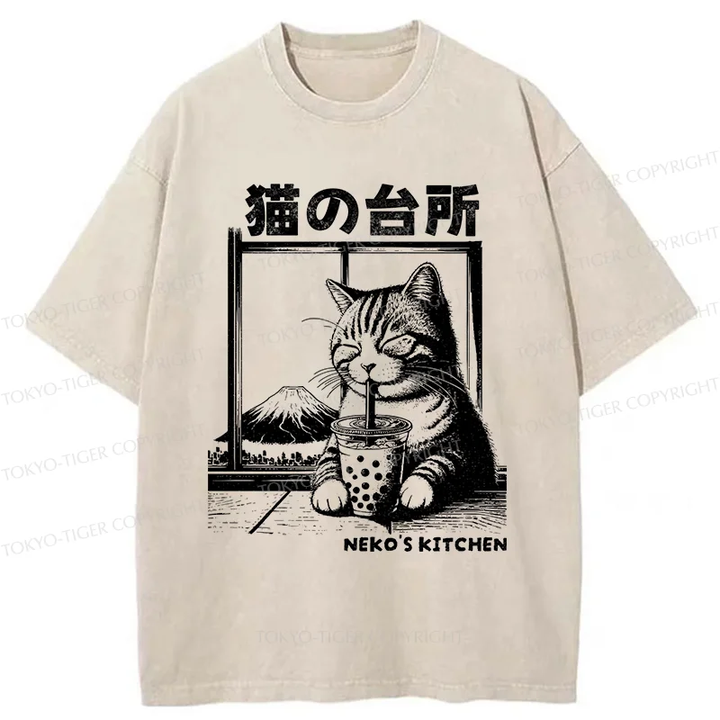Tokyo-Tiger Cat Drinking Milk Tea Washed T-Shirt