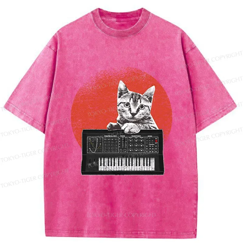 Tokyo-Tiger Cat And Analog Synthesizer Washed T-Shirt