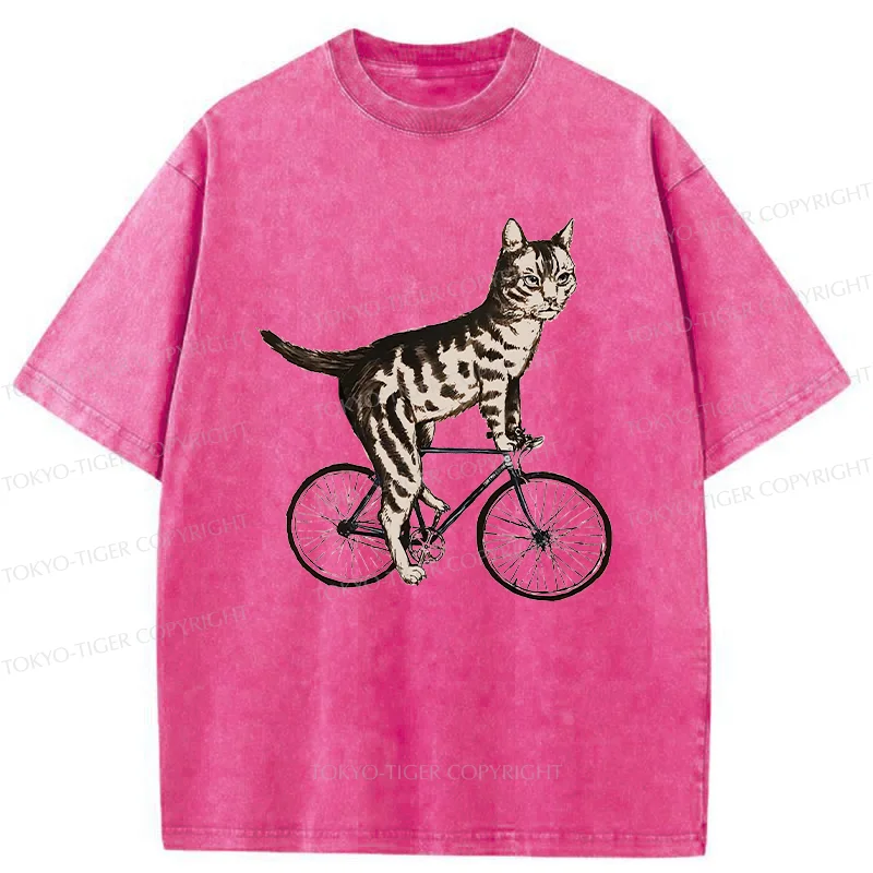 Tokyo-Tiger Cat Riding A Bicycle Washed T-Shirt