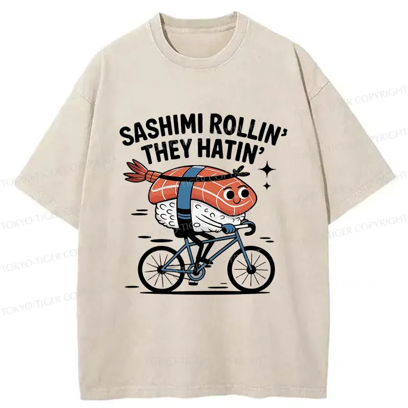 Tokyo-Tiger Sushi On A Bike Washed T-Shirt