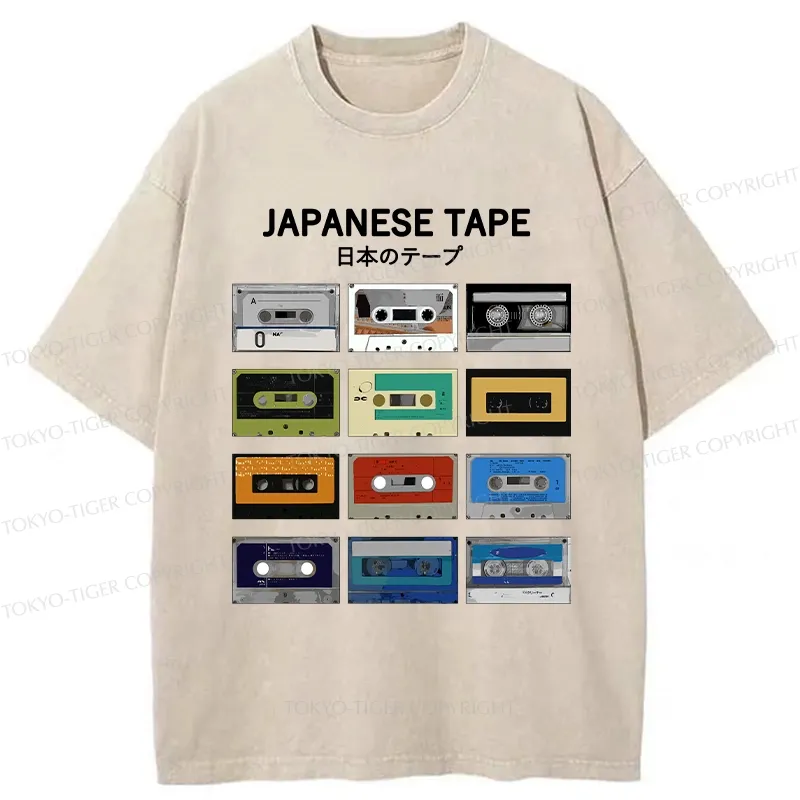 Tokyo-Tiger Retro Japanese Tapes Washed T-Shirt