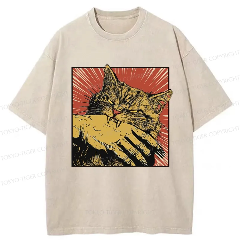 Tokyo-Tiger Cat Bites Hand Japanese Washed T-Shirt