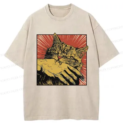 Tokyo-Tiger Cat Bites Hand Japanese Washed T-Shirt