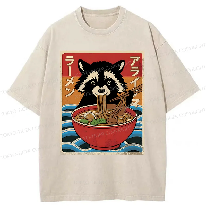 Tokyo-Tiger Raccoon Eating Ramen Washed T-Shirt