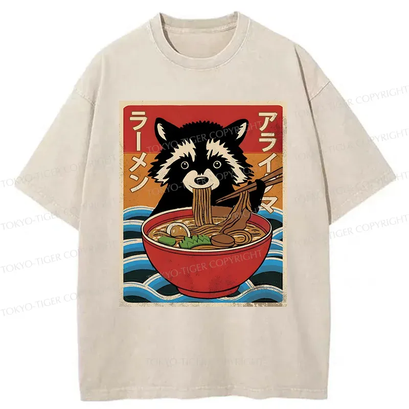 Tokyo-Tiger Raccoon Eating Ramen Washed T-Shirt