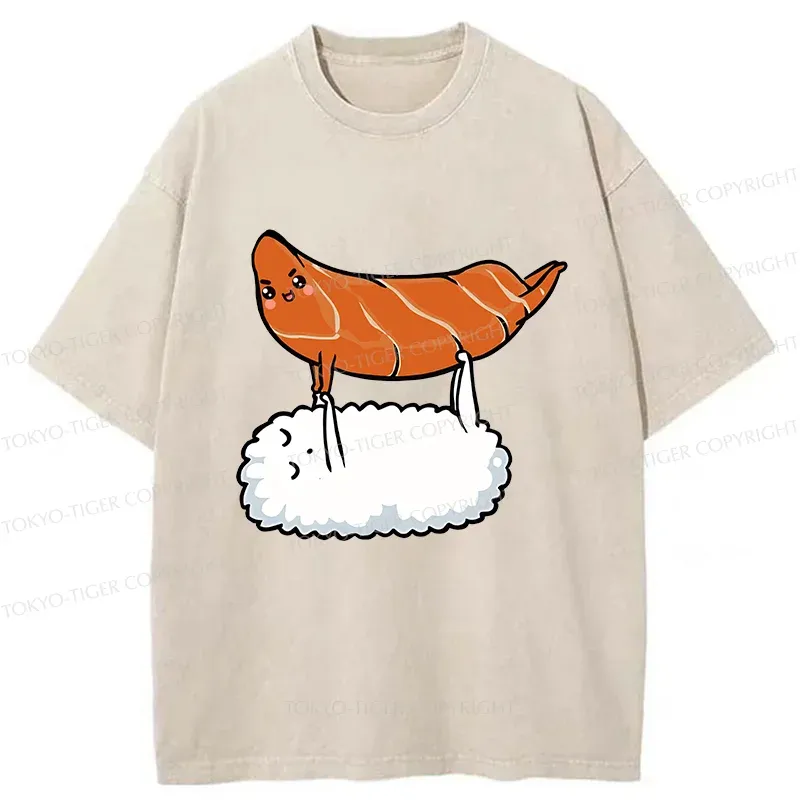 Tokyo-Tiger Sushi Doing Yoga Washed T-Shirt