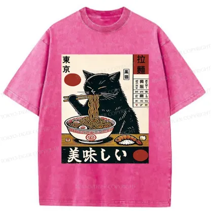 Tokyo-Tiger Black Cat Eating Japanese Ramen Washed T-Shirt