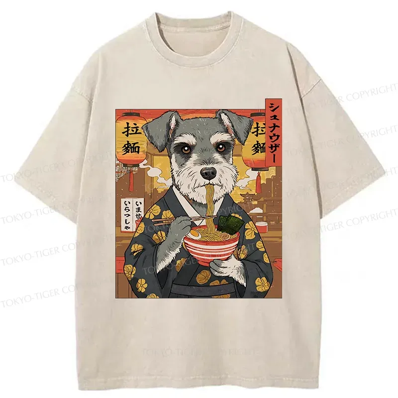 Tokyo-Tiger Schnauzer Eating Ramen Washed T-Shirt
