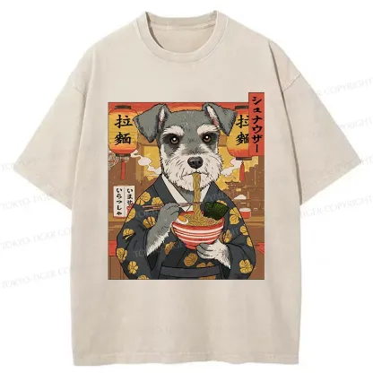 Tokyo-Tiger Schnauzer Eating Ramen Washed T-Shirt