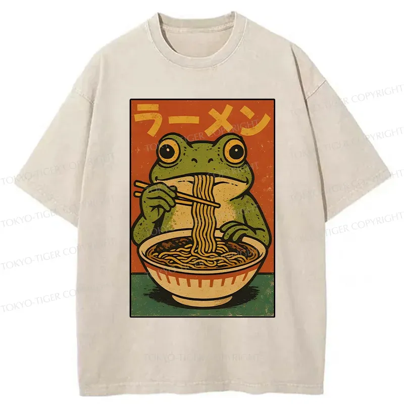 Tokyo-Tiger Frog Eating Ramen Retro Washed T-Shirt