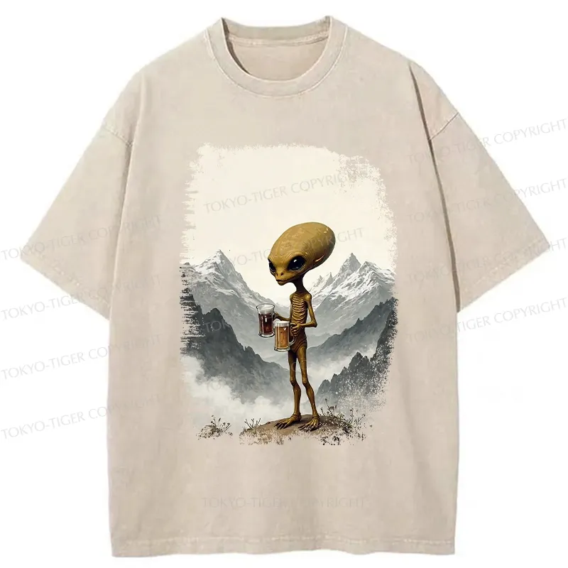 Tokyo-Tiger Alien With Beer Funny Washed T-Shirt