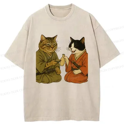 Tokyo-Tiger Cat Tasting Sake Washed T-Shirt