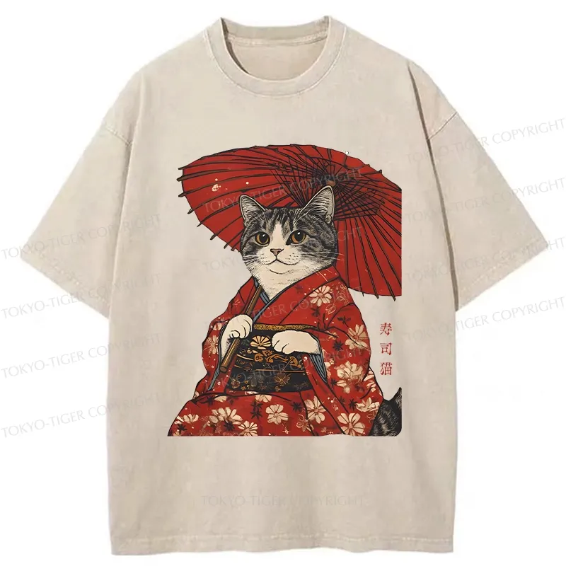 Tokyo-Tiger Japanese Cat Holding An Umbrella Washed T-Shirt