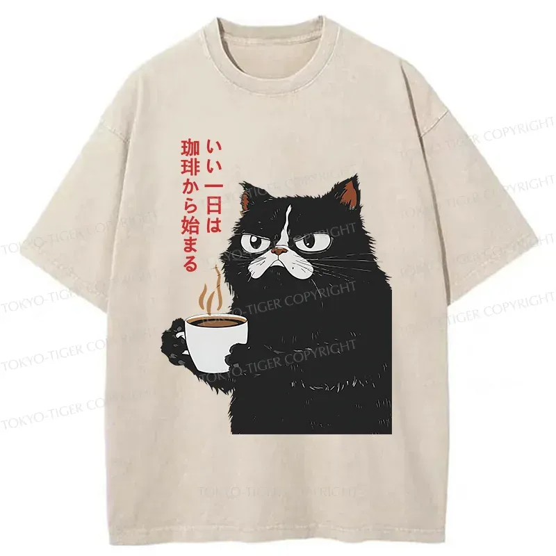 Tokyo-Tiger Black Cat Drinking Coffee Washed T-Shirt