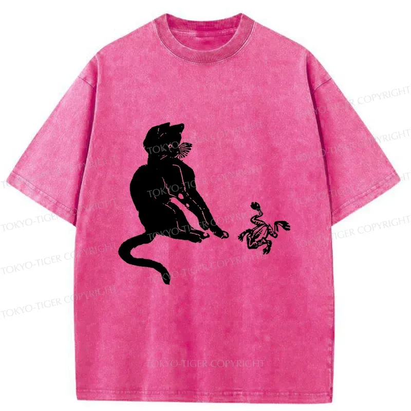 Tokyo-Tiger Cat Plays With Frog Washed T-Shirt