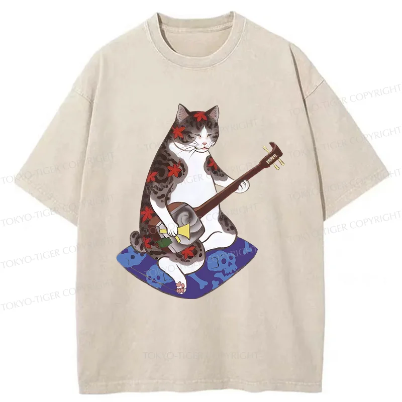 Tokyo-Tiger Cat Playing Shamisen Washed T-Shirt
