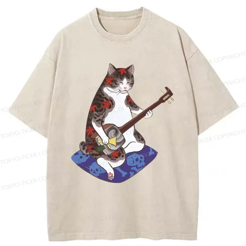 Tokyo-Tiger Cat Playing Shamisen Washed T-Shirt