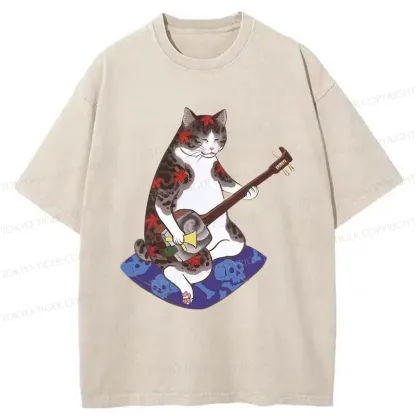Tokyo-Tiger Cat Playing Shamisen Washed T-Shirt
