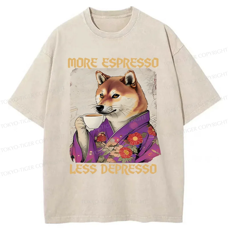 Tokyo-Tiger Shiba Inu Drinking Coffee Washed T-Shirt