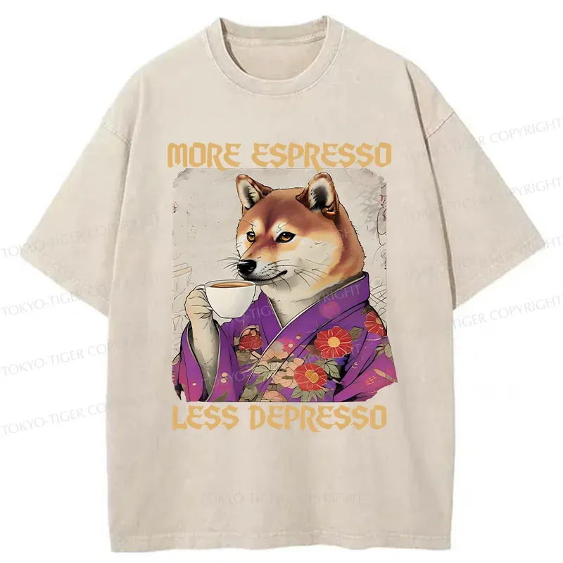 Tokyo-Tiger Shiba Inu Drinking Coffee Washed T-Shirt
