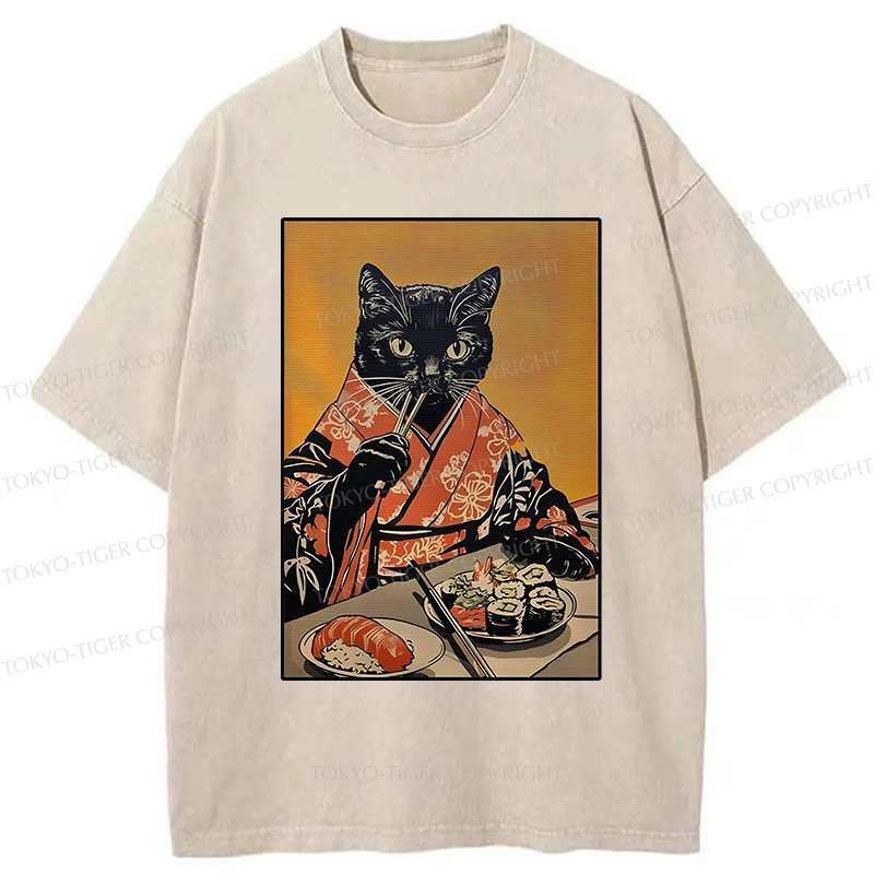 Tokyo-Tiger Sushi Lover Black Cat Washed T-Shirt