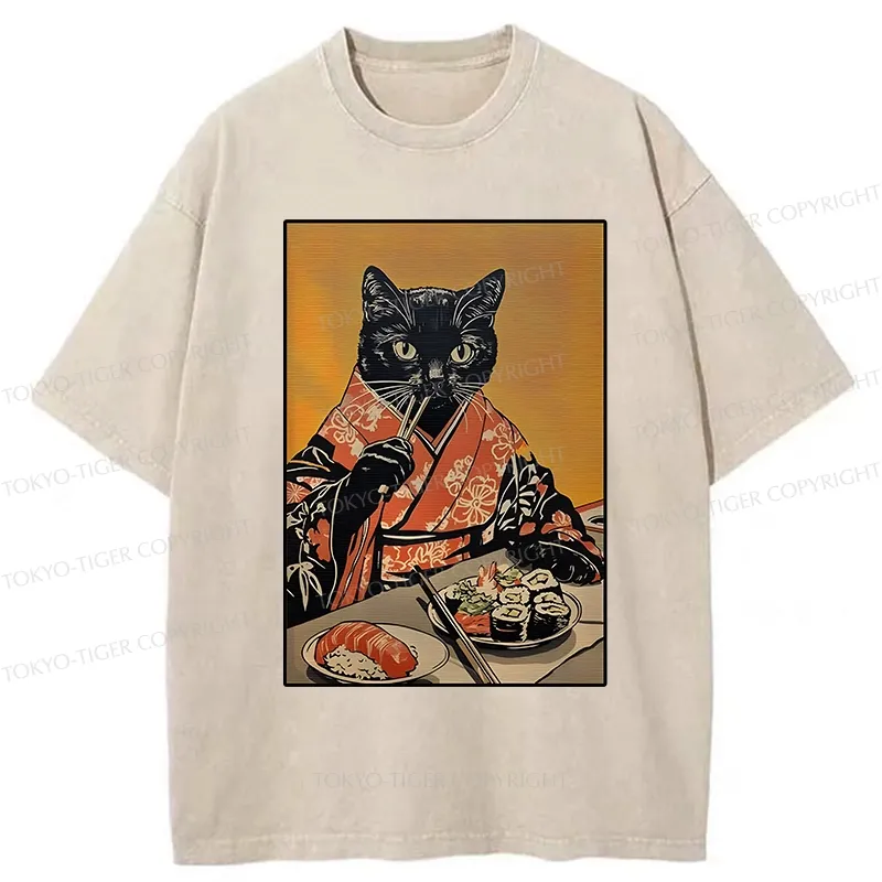 Tokyo-Tiger Sushi Lover Black Cat Washed T-Shirt
